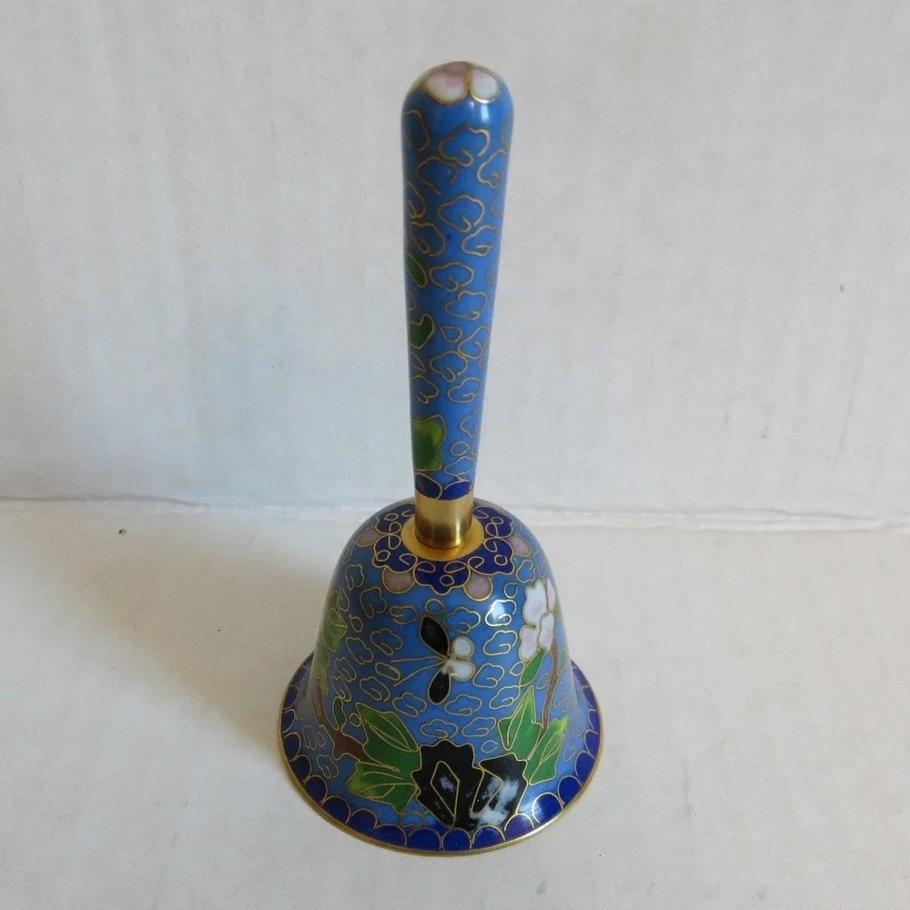 Vintage Cloisonne Enamel Hand Bell Blue Floral Butterfly Chinoiserie 3.5 Inch